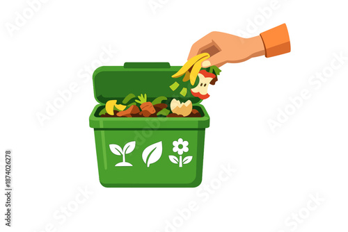 Hand adding food scraps to a green compost bin