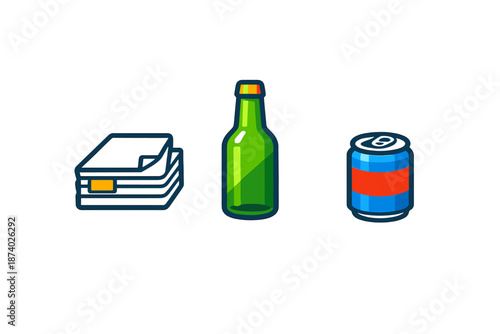 Stack of papers, green bottle, and soda can icons