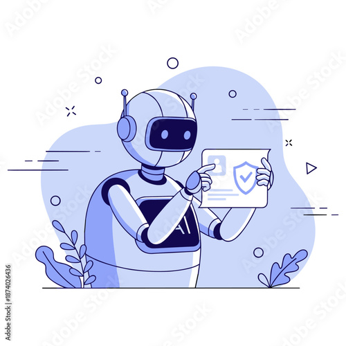 Futuristic robot holding document with secure shield icon