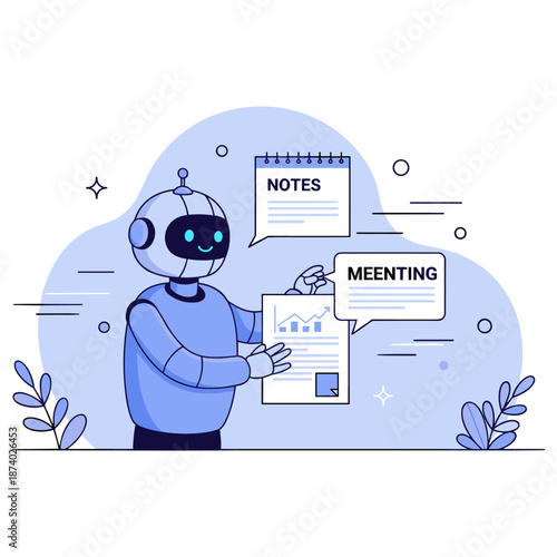 Friendly robot taking notes and analyzing data in a blue themed office environment
