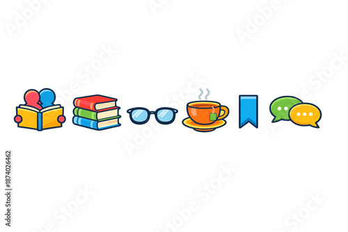Digital Icons Representing Reading, Studying, and Communication