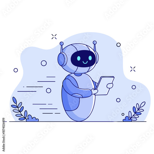 Cute robot reading tablet in minimalist cartoon style