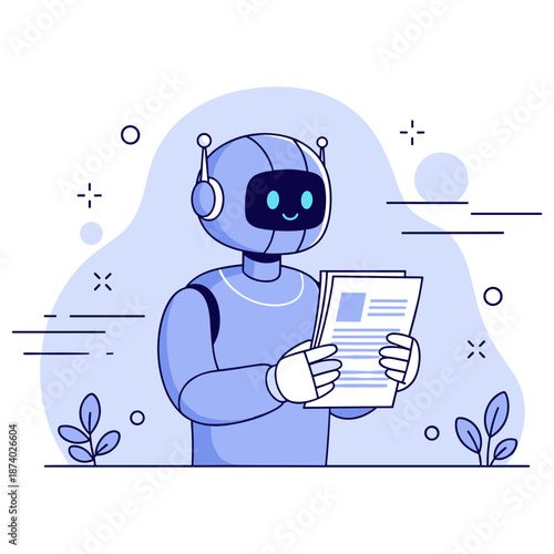 Friendly robot reading a document in a minimalist illustration