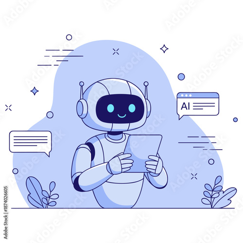Cute robot interacting with digital tablet in futuristic blue setting