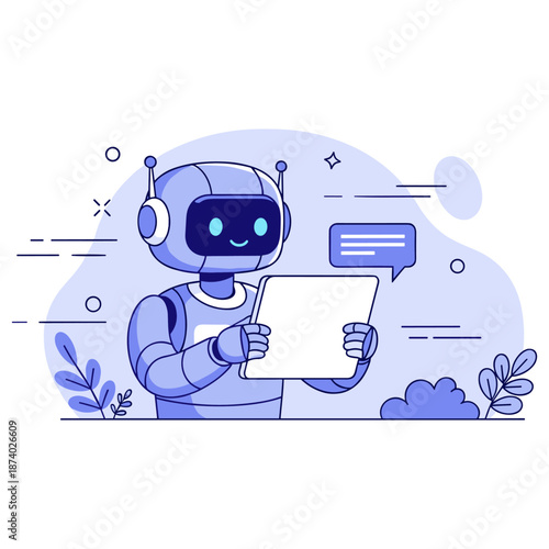 Cute robot reading a tablet in nature with speech bubble and plants