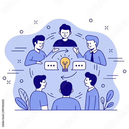 Group of young males discussing ideas and innovations in a collaborative meeting