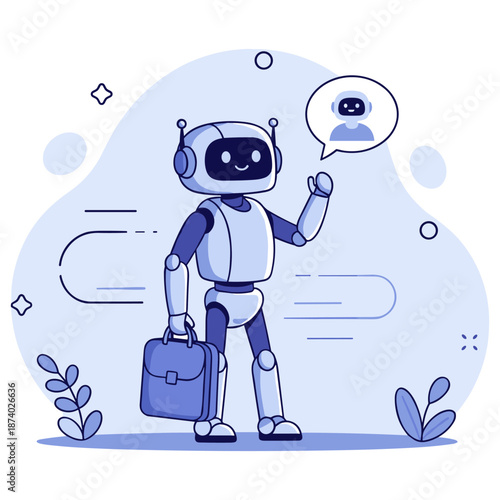 Friendly robot waving with briefcase and speech bubble in futuristic illustration