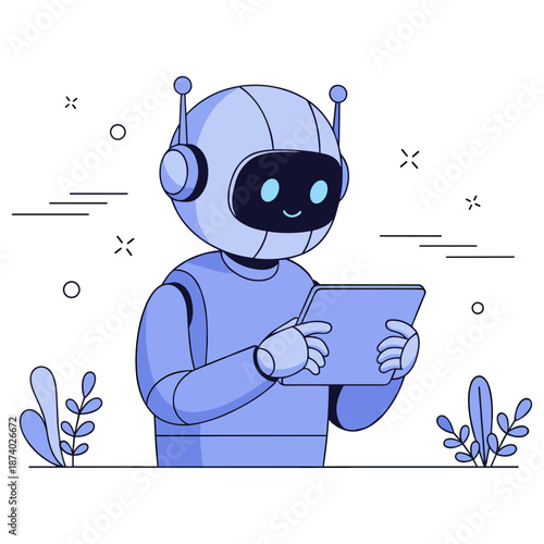 Friendly cartoon robot engaged with digital tablet in minimalist nature setting