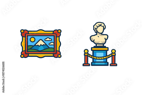 Museum exhibition with painting and sculpture