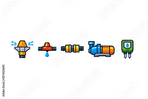 Set of irrigation system icons on a gradient background