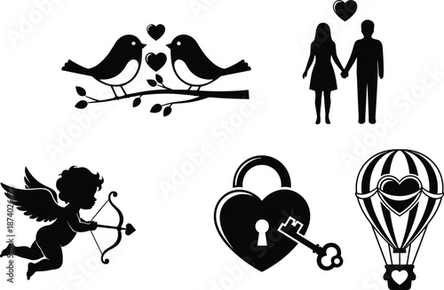 Romantic love vector illustration with cupid, couple silhouette, birds, hearts, padlock, hot air balloon, Valentine’s Day symbols, affection design art