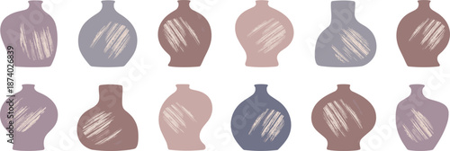 Abstract ceramic vase shapes illustration set, modern minimalist pottery silhouettes with textured brush strokes, pastel earthy colors, contemporary decorative vector art