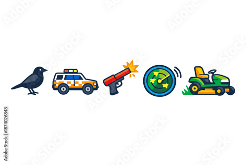 Humorous concept of a crow being chased by a police car, then shot with a flare gun and detected by radar, ultimately being mowed by a lawnmower.