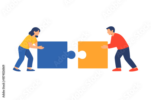 Two people assembling jigsaw puzzle pieces