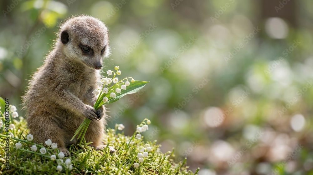 Fototapeta premium Cute meerkat holding delicate Lily of the Valley flowers in a horizontal banner format against gentle sunset light.