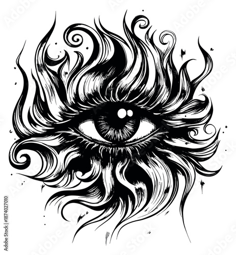 Line art illustration of an eye depicting mystical swirling elements for spiritual designs
