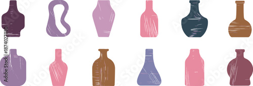Abstract ceramic vase shapes illustration set, modern minimalist pottery silhouettes with textured brush strokes, pastel earthy colors, contemporary decorative vector art