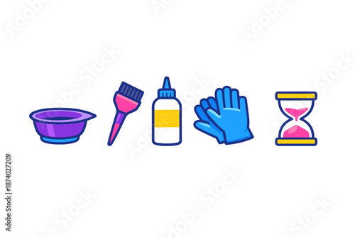 Hair dyeing tools and hourglass icon set