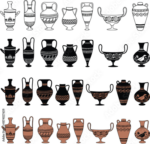 Ancient Greek pottery illustration collection, ceramic vases amphora bowls black figure red figure styles, classical art vector set