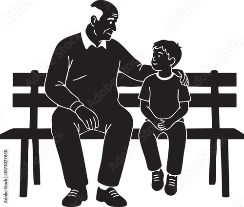 Grandfather and grandson sitting on bench silhouette isolated on white background minimalist intergenerational bond illustration