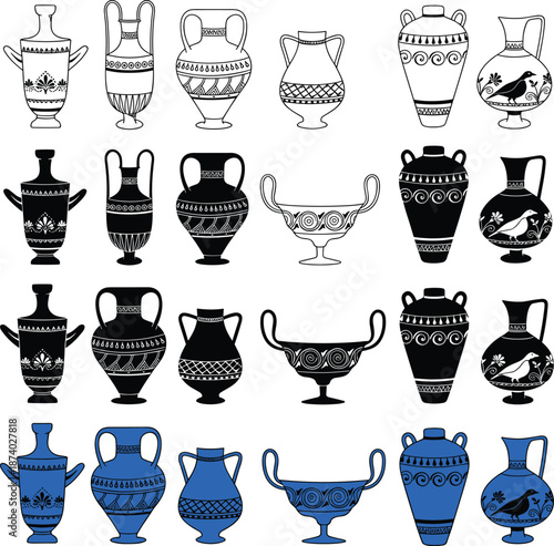 Ancient Greek pottery illustration collection, ceramic vases amphora bowls black figure red figure styles, classical art vector set