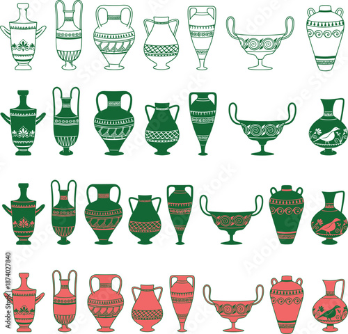 Ancient Greek pottery illustration collection, ceramic vases amphora bowls black figure red figure styles, classical art vector set