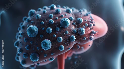 Human Liver Anatomy Visualization with Metastasis or Tumor Growth on Dark Gradient Background for Medical Education and