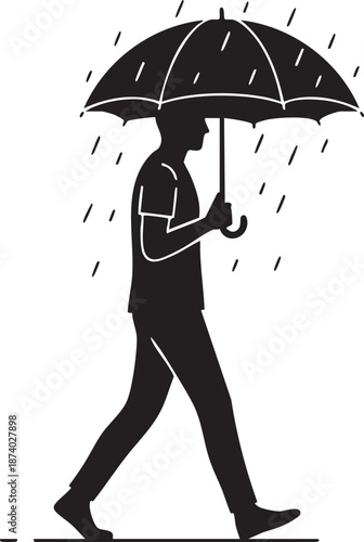 Person walking while holding an open umbrella silhouette isolated on white background minimalist rainy day illustration