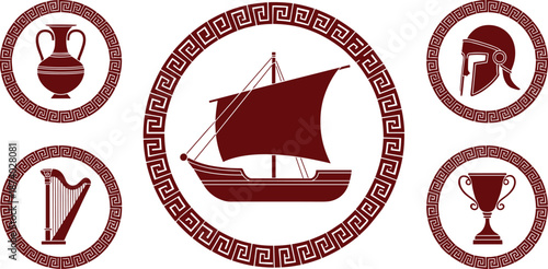 Ancient Greek symbols illustration with sailing ship, pottery, helmet, harp, trophy, classical mythology icons in circular ornamental frames