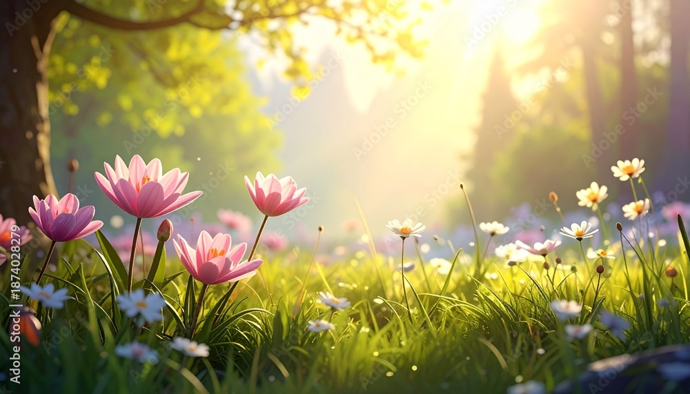Obraz premium Vibrant Spring Meadow with Blooming Pink Lotus and White Daisies at Sunrise