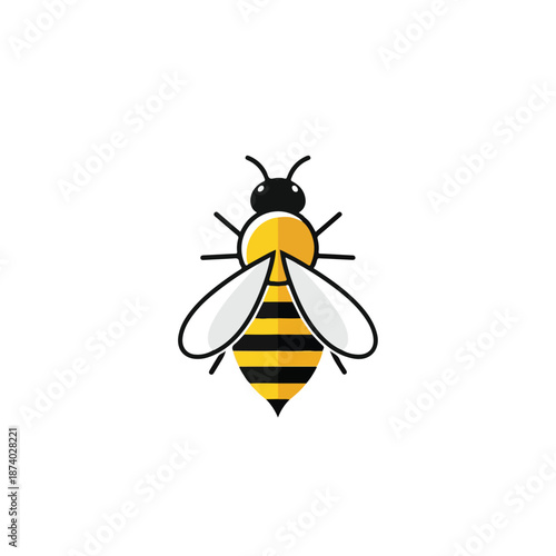 A stylized bee logo vector illustration with a black head, yellow and black striped body, and white wings on a clean white background.