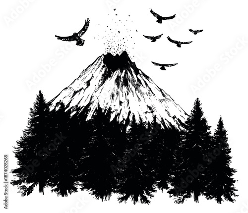 Hand drawn illustration of a dramatic volcanic landscape depicting an eruption with birds flying over a dense forest for nature and wilderness designs