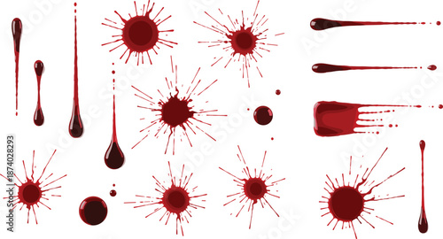Realistic blood splatter and dripping stains set for horror, crime scene, Halloween design elements isolated on white background