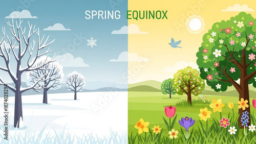 Spring equinox seasonal change illustration with winter snow and blooming flowers with nature and environment and ecosystem and tree and landscape