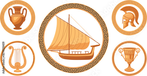 Ancient Greek symbols illustration with sailing ship, pottery, helmet, harp, trophy, classical mythology icons in circular ornamental frames