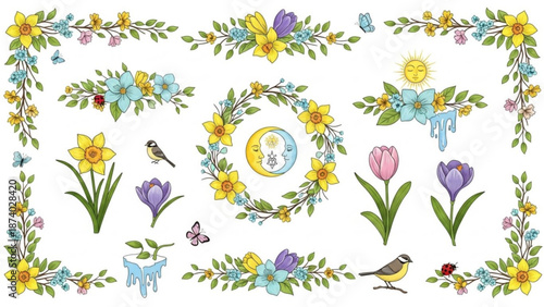 Vibrant floral wreath with colorful spring flowers birds and butterflies on white background perfect for easter or mother's day designs with Mother s Day