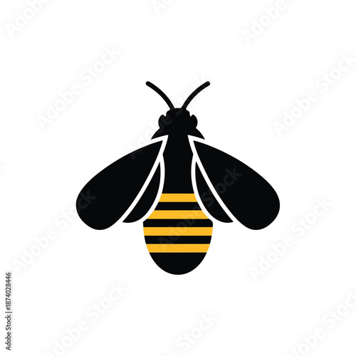 A simple black and yellow striped bee logo vector with white accents on a plain white background.