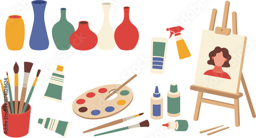 Art studio illustration with painting tools, brushes, color palette, easel portrait