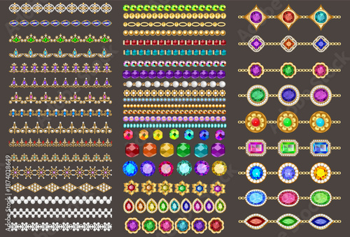 Illustration collection of jewelry design elements: gold chains, bracelets, borders, precious stones of different colors and cuts.