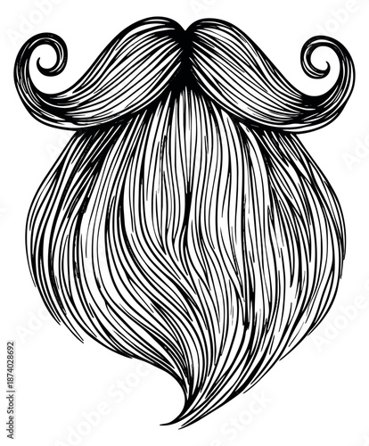 Hand drawn line art illustration of a beard and mustache depicting a classic retro style for men's fashion