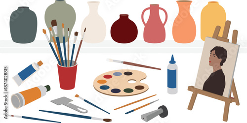 Art studio illustration with painting tools, brushes, color palette, easel portrait