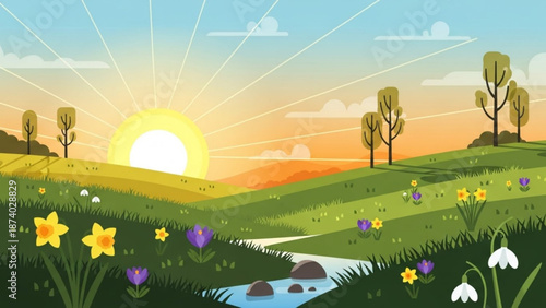 Sunset over a serene landscape with vibrant spring flowers and a winding stream with peaceful and cartoon and nature and scenic and trees and illustration