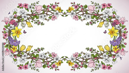 Vibrant floral wreath with colorful flowers and butterflies on white background for decoration and design with flower crown and spring decoration