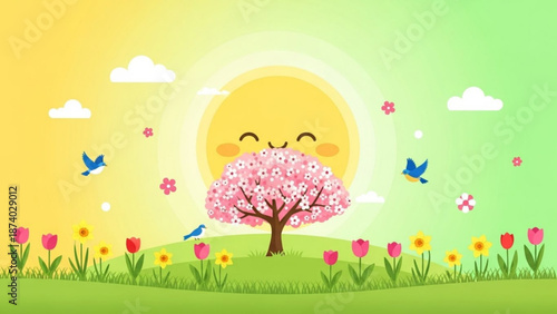 A cheerful cartoon sun peeks out from behind a blooming pink cherry blossom tree surrounded by vibrant flowers and birds on a sunny day with fluffy clouds in a colorful