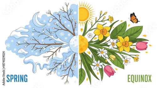 Spring equinox seasonal change illustration with flowers sun moon and butterfly symbolizing renewal and nature's cycle with tree and branches