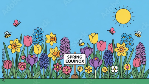 Vibrant spring equinox scene with colorful flowers butterflies and a sunny blue sky with sunny sky and vibrant scene and nature and outdoor and garden