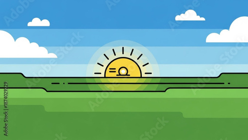 A vibrant cartoon sunrise over a serene green landscape with fluffy white clouds in a bright blue sky with illustration and stylized and nature