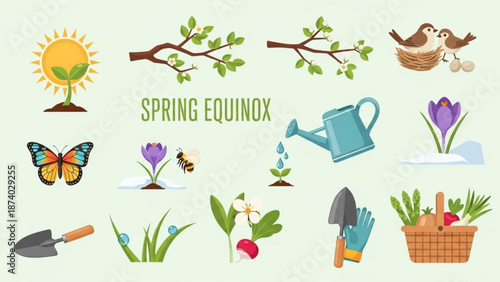 Vibrant spring equinox illustration with gardening tools flowers birds butterfly and sunny weather with green background and colorful and watering can