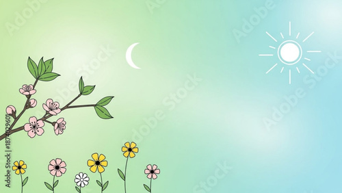 A serene spring scene with blooming flowers and a crescent moon in a sunny sky with a gradient background with illustration and colorful and nature