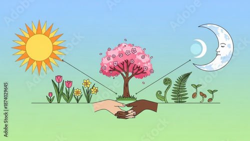 Hands holding under tree with flowers and sun moon symbolizing nature and growth with ecology and blossom and pink and green and blue and sky